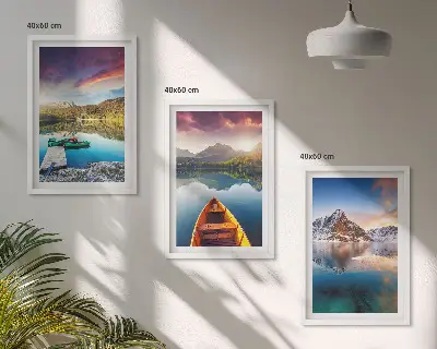 Composição de quadros moderna com paisagens de lagos, montanhas e barcos