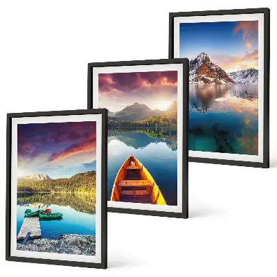 Composição de quadros moderna com paisagens de lagos, montanhas e barcos