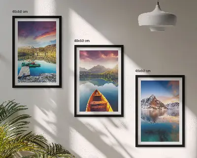 Composição de quadros moderna com paisagens de lagos, montanhas e barcos