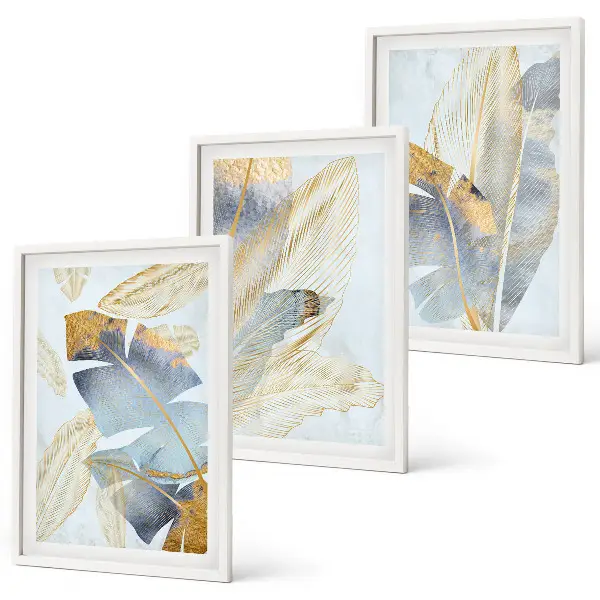Conjunto de 3 quadros com moldura folhas azul e bege claro