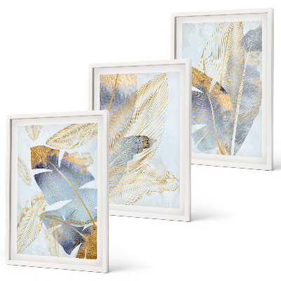 Conjunto de 3 quadros com moldura Folhas azul-bege claro