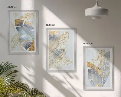 Conjunto de 3 quadros com moldura folhas azul e bege claro