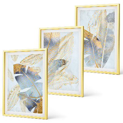 Conjunto de 3 quadros com moldura Folhas azul-bege claro