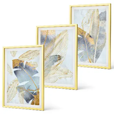 Conjunto de 3 quadros com moldura folhas azul e bege claro