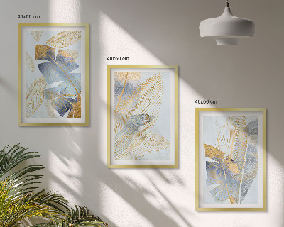 Conjunto de 3 quadros com moldura Folhas azul-bege claro