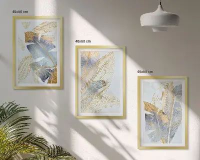 Conjunto de 3 quadros com moldura folhas azul e bege claro