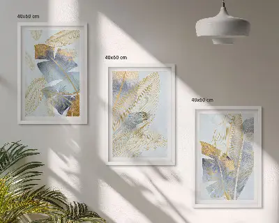 Conjunto de 3 quadros com moldura folhas azul e bege claro