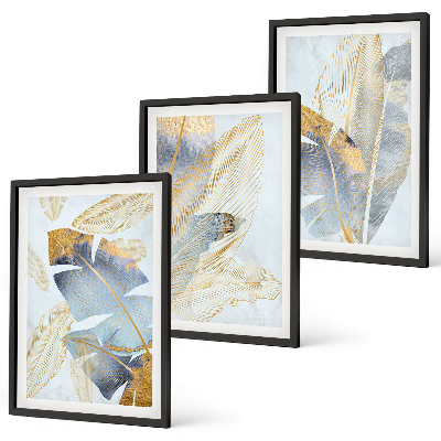 Conjunto de 3 quadros com moldura Folhas azul-bege claro
