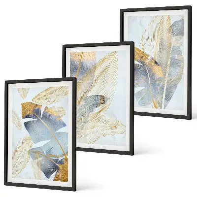 Conjunto de 3 quadros com moldura folhas azul e bege claro