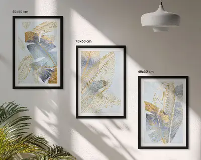 Conjunto de 3 quadros com moldura folhas azul e bege claro