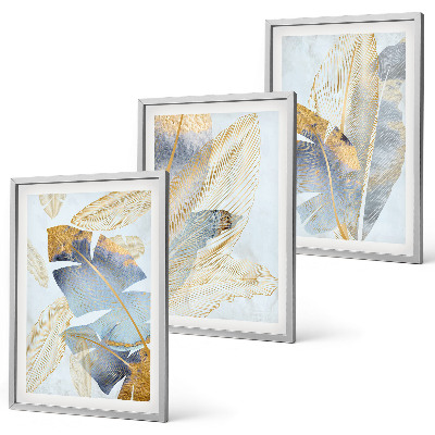 Conjunto de 3 quadros com moldura Folhas azul-bege claro