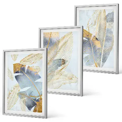Conjunto de 3 quadros com moldura folhas azul e bege claro