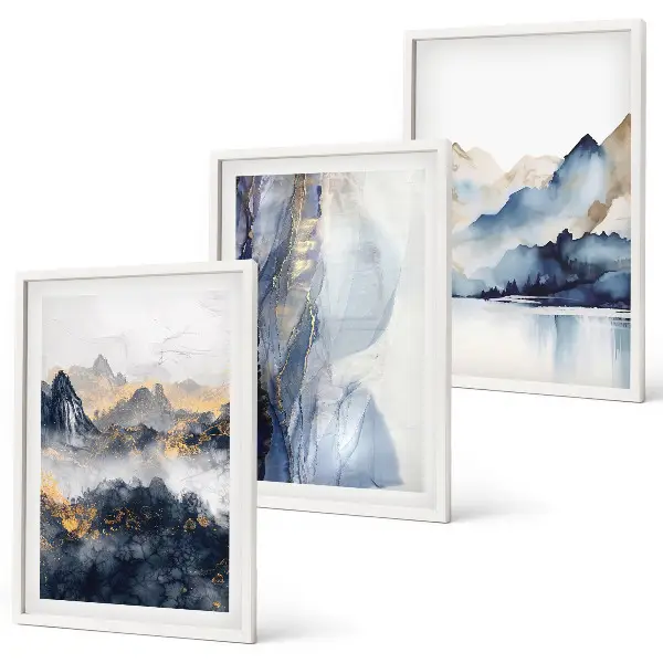 Conjunto de quadros para sala de estar com paisagens montanhosas em tons de azul e cinza