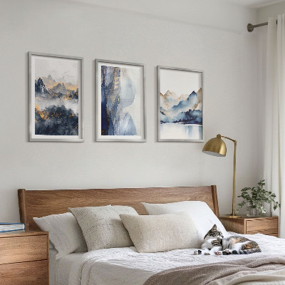 Conjunto de quadros para sala de estar Paisagens montanhosas em tons de azul e cinza