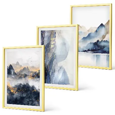 Conjunto de quadros para sala de estar com paisagens montanhosas em tons de azul e cinza