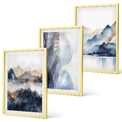 Conjunto de quadros para sala de estar Paisagens montanhosas em tons de azul e cinza