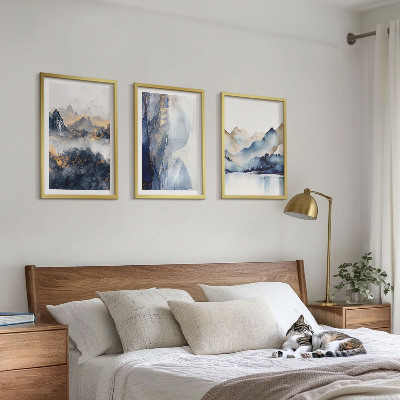 Conjunto de quadros para sala de estar Paisagens montanhosas em tons de azul e cinza