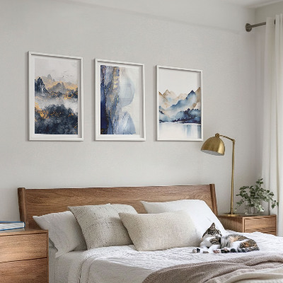 Conjunto de quadros para sala de estar Paisagens montanhosas em tons de azul e cinza