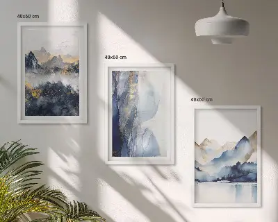 Conjunto de quadros para sala de estar com paisagens montanhosas em tons de azul e cinza
