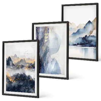 Conjunto de quadros para sala de estar com paisagens montanhosas em tons de azul e cinza