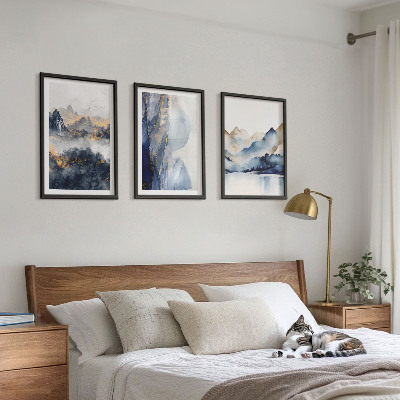Conjunto de quadros para sala de estar Paisagens montanhosas em tons de azul e cinza