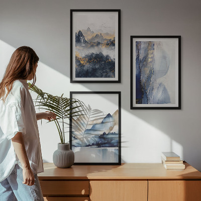 Conjunto de quadros para sala de estar Paisagens montanhosas em tons de azul e cinza