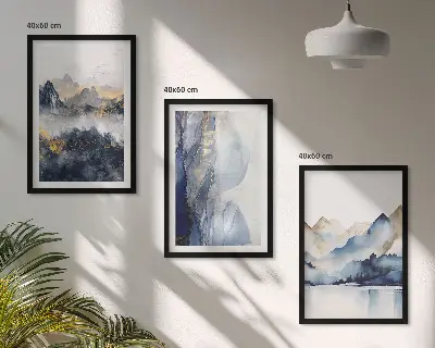 Conjunto de quadros para sala de estar com paisagens montanhosas em tons de azul e cinza