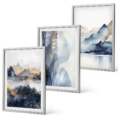 Conjunto de quadros para sala de estar com paisagens montanhosas em tons de azul e cinza