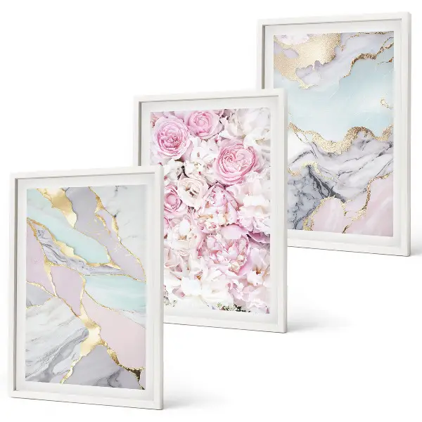 Composição de quadros moderna flores rosa com efeito mármore em tons pastel