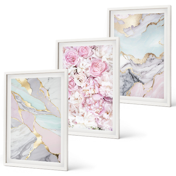 Composição de quadros moderna Flores rosa mármore tons pastel