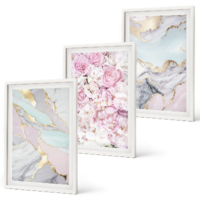 Composição de quadros moderna Flores rosa mármore tons pastel