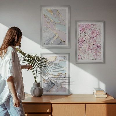 Composição de quadros moderna Flores rosa mármore tons pastel