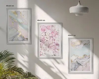 Composição de quadros moderna flores rosa com efeito mármore em tons pastel