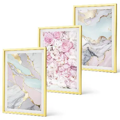 Composição de quadros moderna flores rosa com efeito mármore em tons pastel