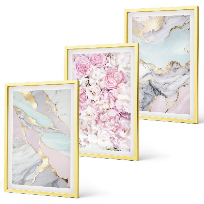 Composição de quadros moderna Flores rosa mármore tons pastel