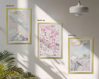 Composição de quadros moderna flores rosa com efeito mármore em tons pastel