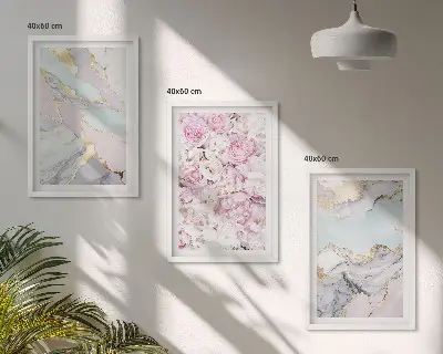 Composição de quadros moderna flores rosa com efeito mármore em tons pastel