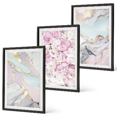 Composição de quadros moderna flores rosa com efeito mármore em tons pastel