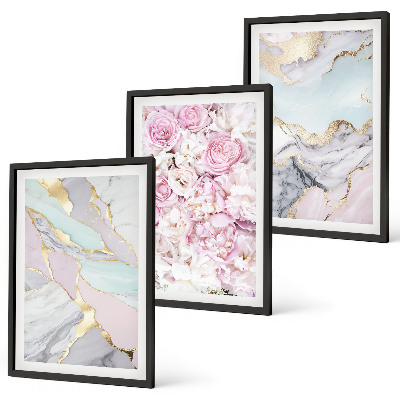 Composição de quadros moderna Flores rosa mármore tons pastel