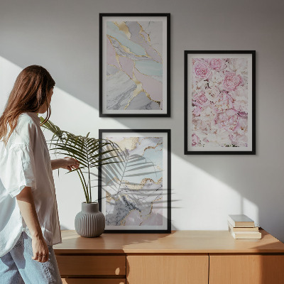 Composição de quadros moderna Flores rosa mármore tons pastel