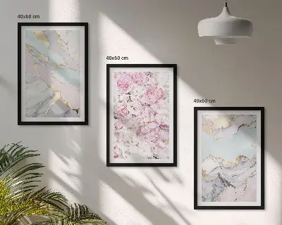 Composição de quadros moderna flores rosa com efeito mármore em tons pastel