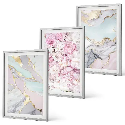 Composição de quadros moderna flores rosa com efeito mármore em tons pastel