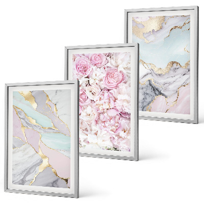 Composição de quadros moderna Flores rosa mármore tons pastel