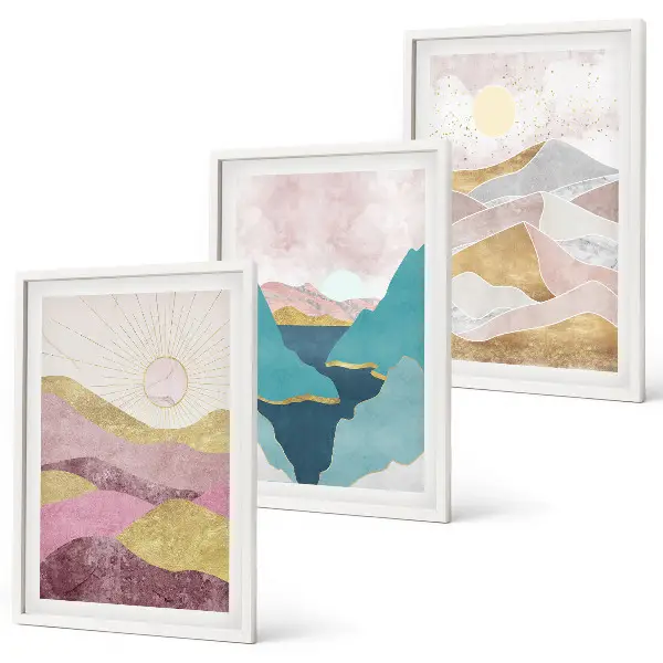 Conjunto de 3 quadros com moldura com estampa de montanhas abstratas e sol