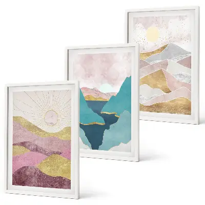 Conjunto de 3 quadros com moldura com estampa de montanhas abstratas e sol