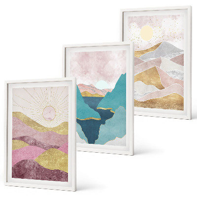 Conjunto de 3 quadros com moldura montanhas abstratas sol