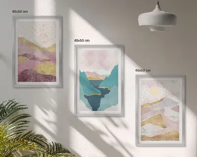 Conjunto de 3 quadros com moldura com estampa de montanhas abstratas e sol