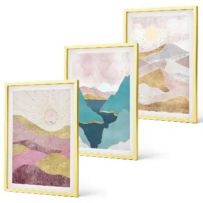 Conjunto de 3 quadros com moldura com estampa de montanhas abstratas e sol