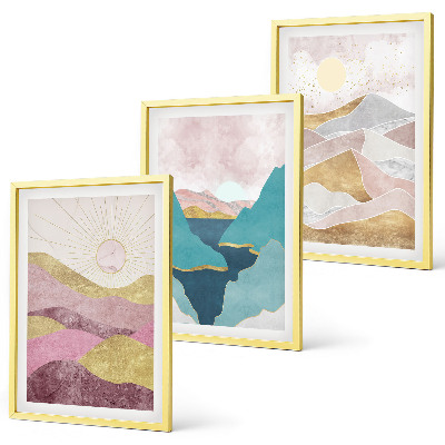 Conjunto de 3 quadros com moldura montanhas abstratas sol