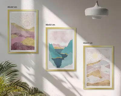Conjunto de 3 quadros com moldura com estampa de montanhas abstratas e sol